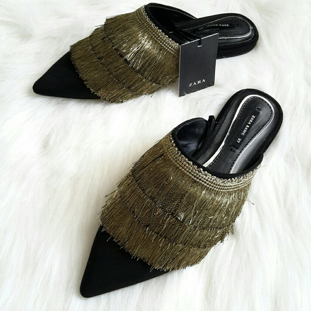 Zara Flat Fringed Mules sz 6 & 6.5